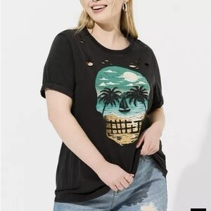 Torrid Black Tee with Tropical Skull Design